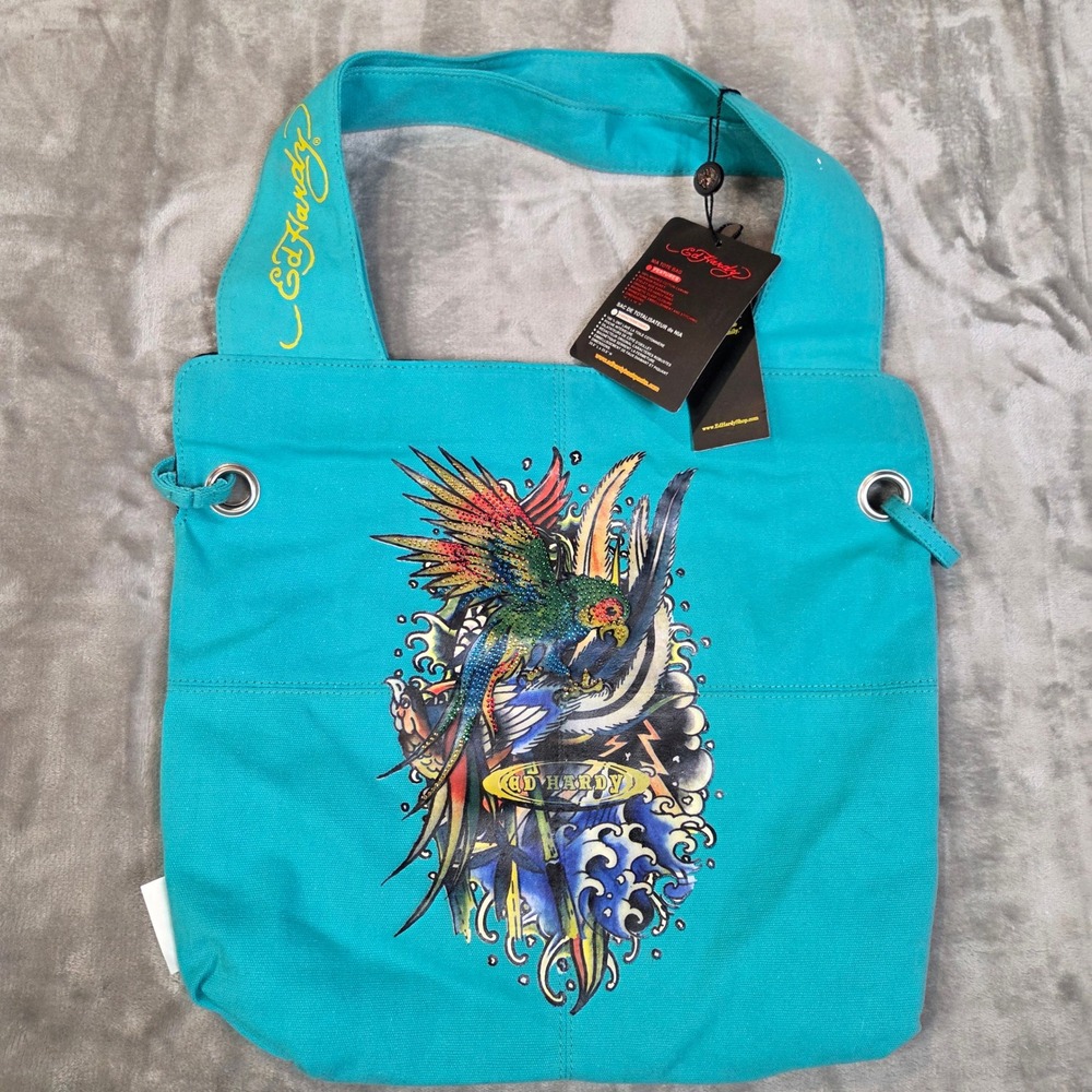 Ed Hardy Christian Audigier Tote Bag Teal Blue Parrot Graphic Vintage Y2K NWT